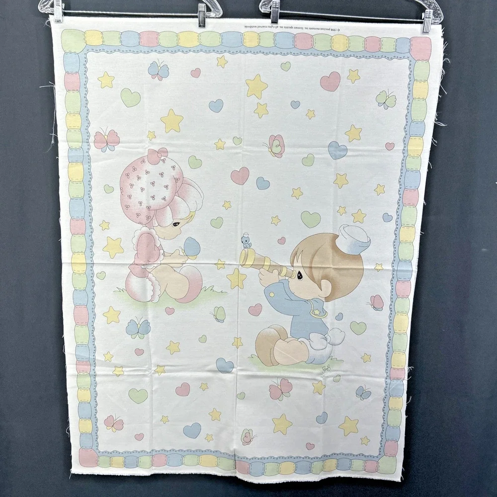 Vtg 1998 Precious Moments Boy Girl Crib Blanket/Sheet Fabric Panel Hearts Stars